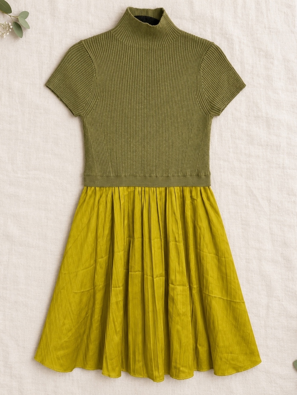 Anthropologie Olive Green Chartreuse Mock Neck Twofer Dress Medium